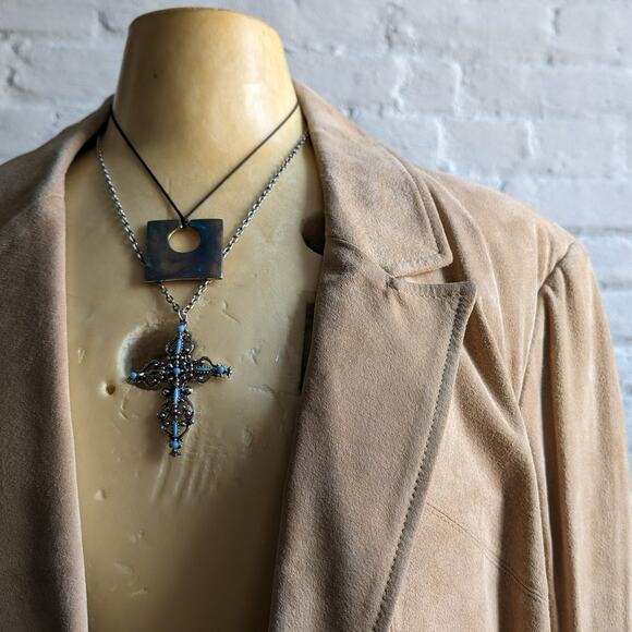 Y2K Vintage Tan Suede Leather Jacket Neutral Western Minimalist Boho Chic Coat - Picture 5 of 8